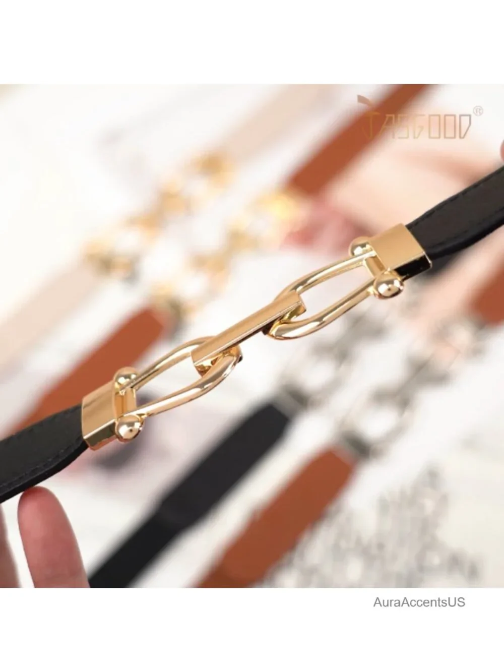 Skinny Elastic Belt with Gold Buckle Stretch Waist Belt